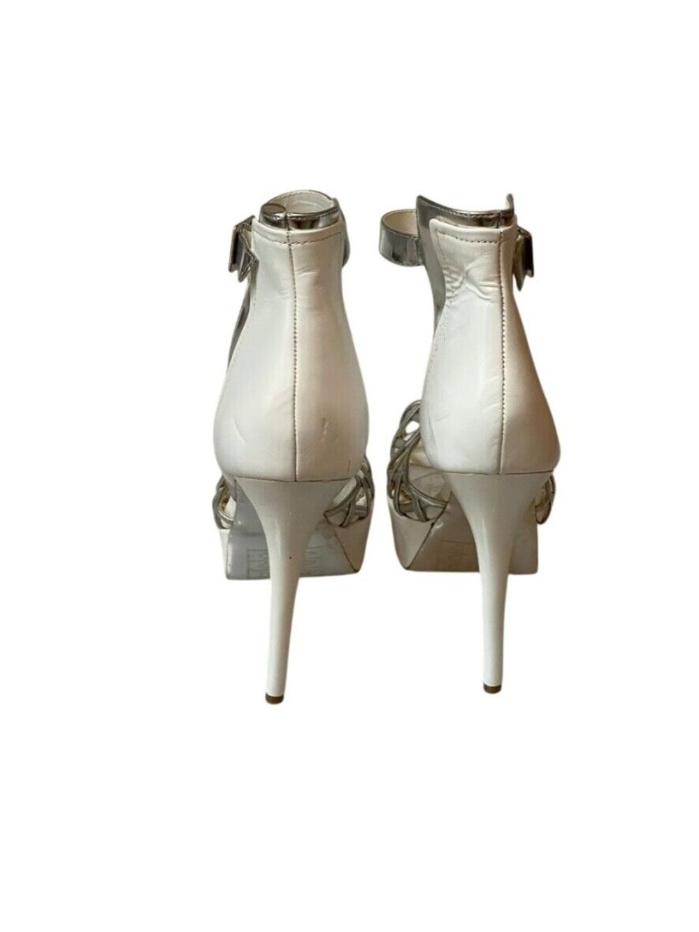 Bebe White & Silver Strappy Leather Platform Heels With Ankle Strap - Size 9 - Picture 4 of 12
